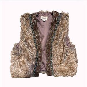 Vintage 2006 Forever 21 Faux Fur Vest Beaded Trim Boho - M